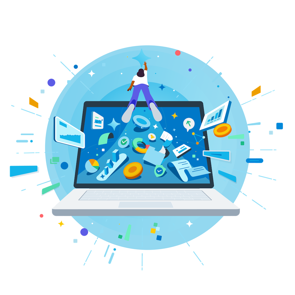 Illustration of a person soaring upward out of a laptop screen filled with data charts, documents, and coins.